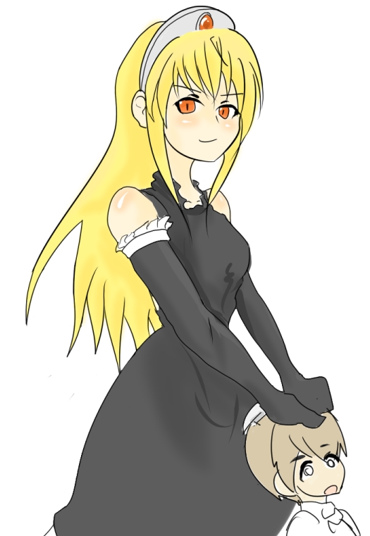 momio, flandre (kaibutsu oujo), hime (kaibutsu oujo), kaibutsu oujo, 00s, 2girls, blonde hair, dress, female focus, maid, multiple girls, simple background, standing, white background