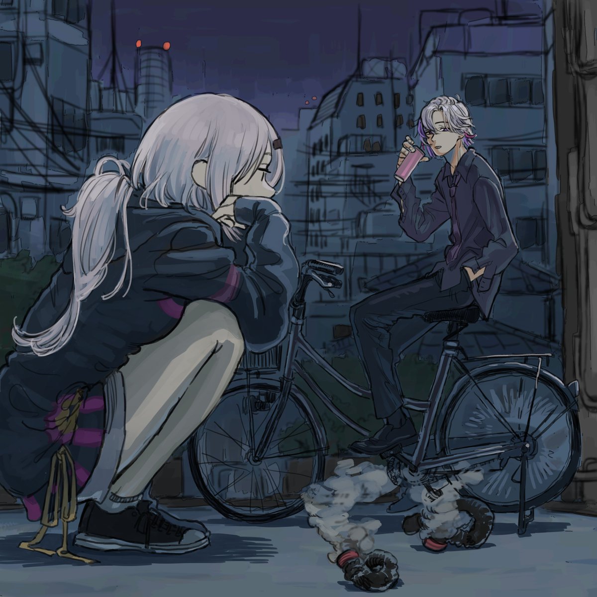 koze niire, fuwa minato, shiina yuika, shiina yuika (2nd costume), nijisanji, highres, 1boy, 1girl, bicycle, black hoodie, black pants, black shirt, black shoes, building, collared shirt, hand in pocket, hood, hood down, hoodie, loafers, long hair, long sleeves, low ponytail, multicolored hair, necktie, night, outdoors, pants, ponytail, riding, riding bicycle, shirt, shoes, short hair, short shorts, shorts, sitting, sneakers, squatting, two-tone hair, virtual youtuber, white hair, white shorts