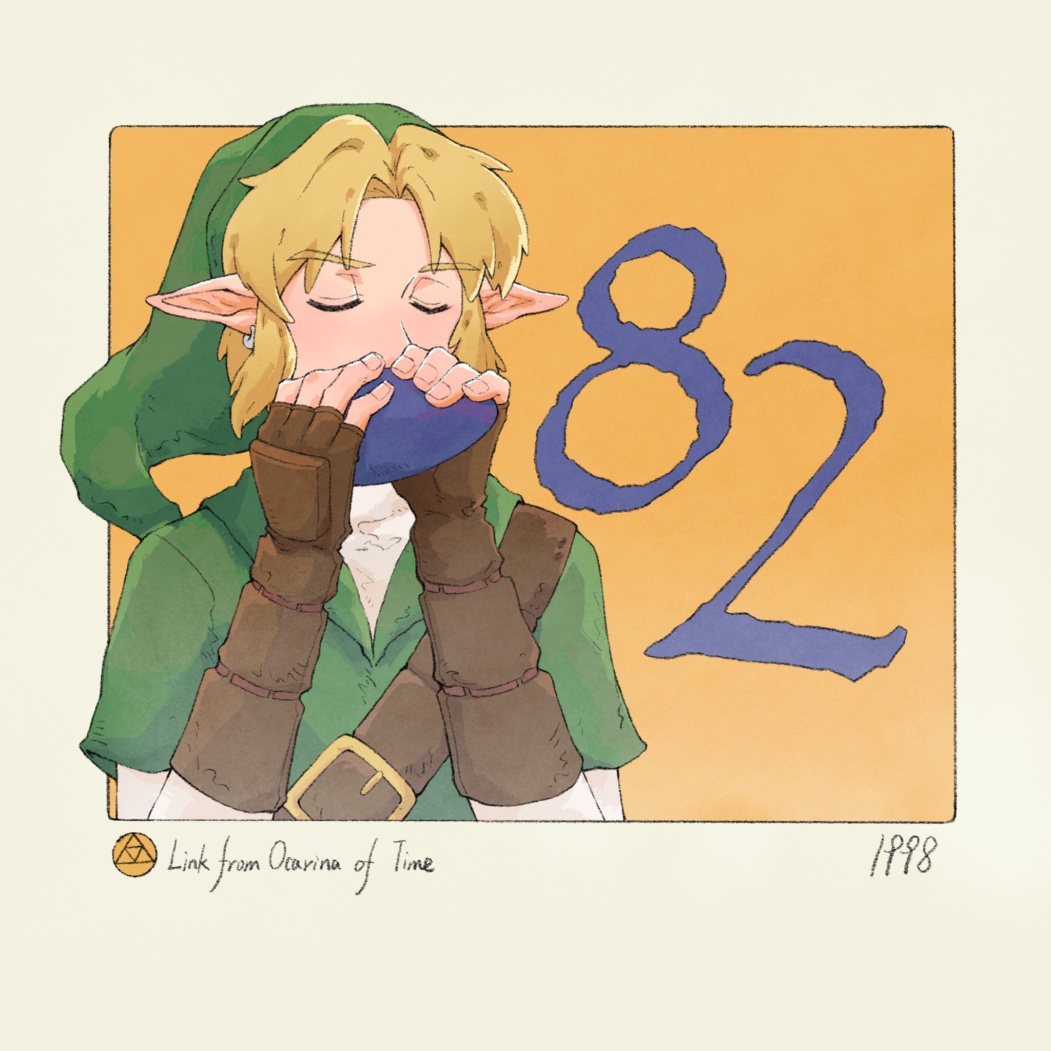 yangyaozigo, link, nintendo, the legend of zelda, the legend of zelda: ocarina of time, highres, 1boy, blonde hair, border, brown gloves, character name, closed eyes, copyright name, fingerless gloves, gloves, green hat, green shirt, hat, holding, holding instrument, holding ocarina, instrument, male focus, music, orange background, outside border, playing instrument, pointy ears, shirt, signature, solo, upper body