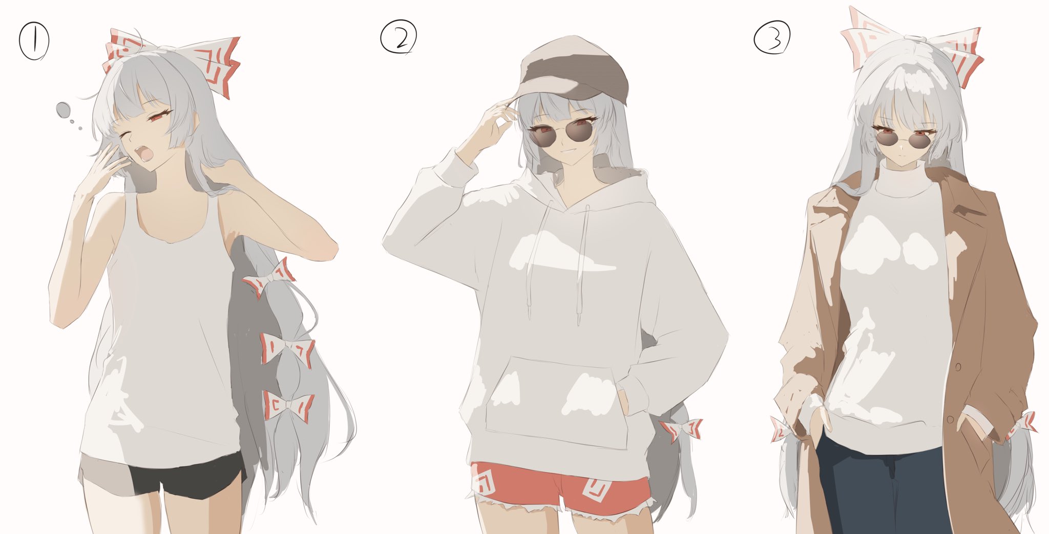 umbrella3650, fujiwara no mokou, touhou, highres, alternate costume, bare shoulders, baseball cap, black pants, black shorts, bow, brown coat, coat, expressionless, hair bow, hair ribbon, hand in own hair, hand in pocket, hands in pockets, hat, hood, hoodie, long hair, long sleeves, multiple expressions, pants, red eyes, red shorts, ribbon, round eyewear, shorts, smile, sunglasses, sweater, tank top, teeth, turtleneck, turtleneck sweater, variations, very long hair, white background, white hair, white hoodie, white sweater, white tank top, yawning