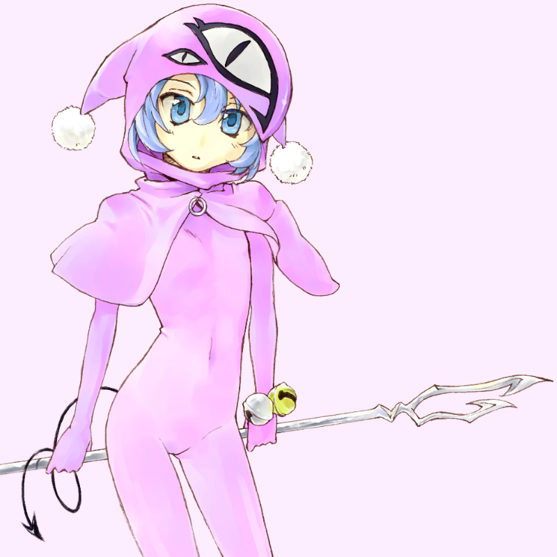 kujou hyotarouo, sabine, valkyrie no densetsu, 1girl, blue eyes, blue hair, bodysuit, demon tail, female focus, purple bodysuit, solo, tail
