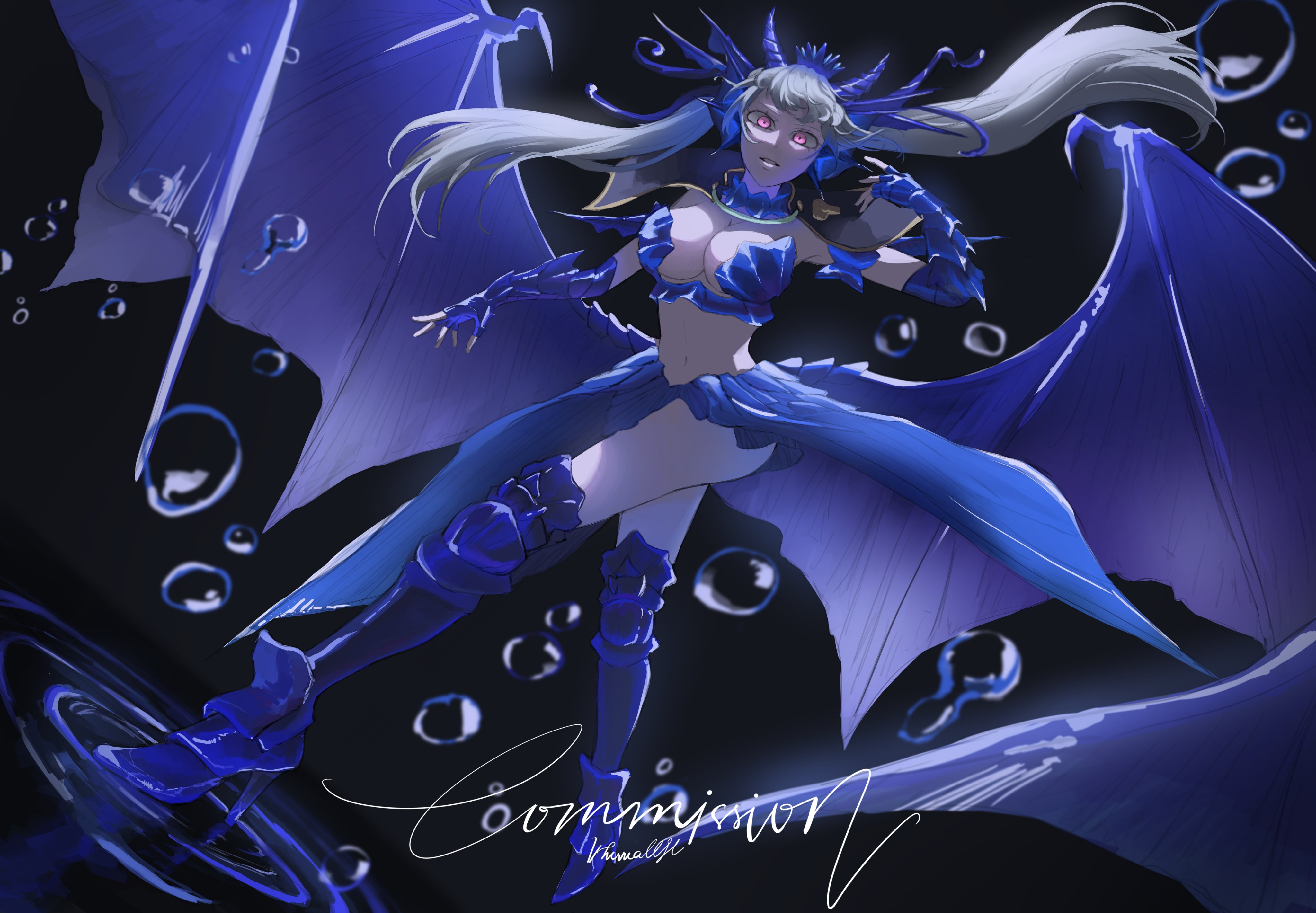 noelle silva, black clover, 1girl, breasts, cleavage, grey hair, large breasts, long hair, midriff, navel, purple eyes, revealing clothes, solo, twintails