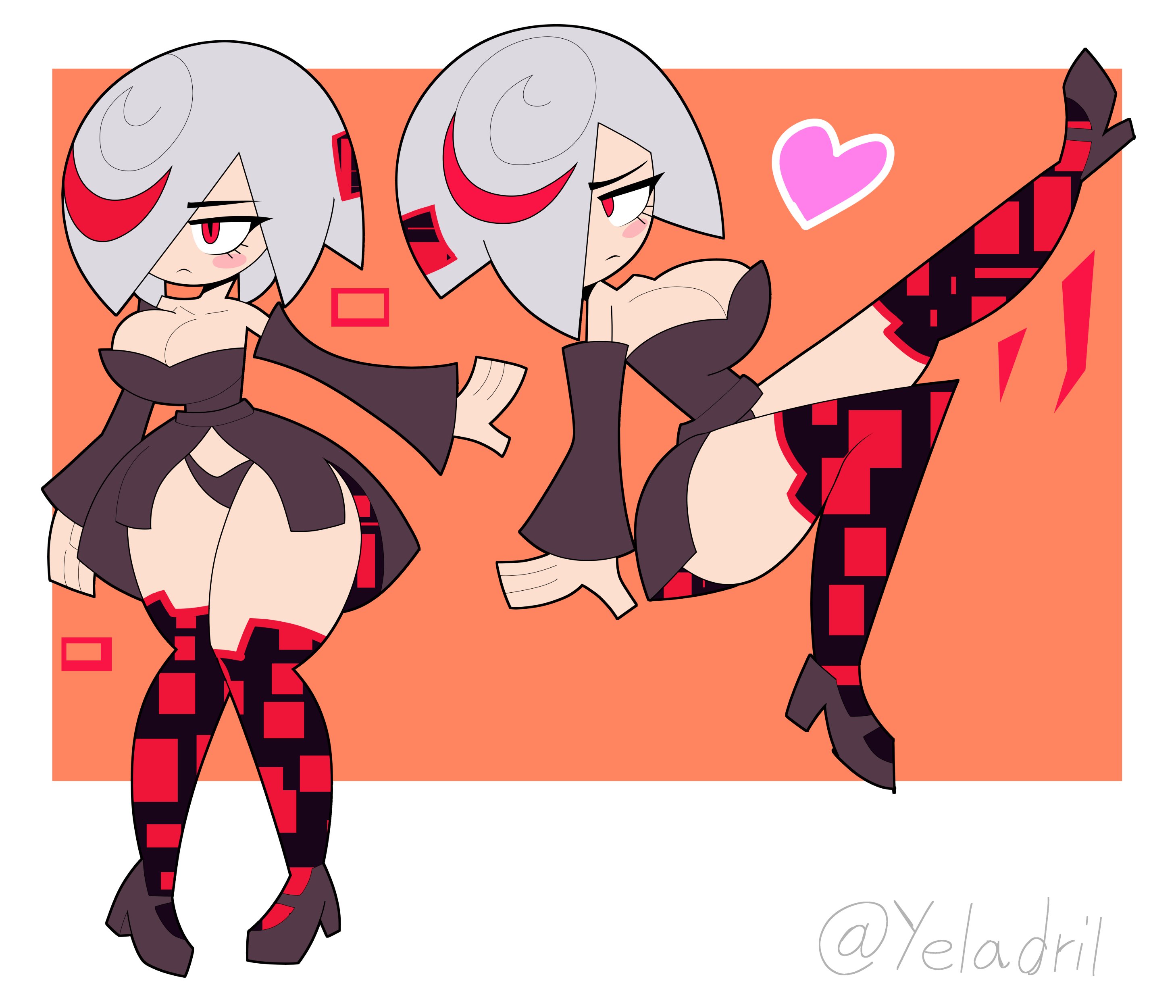 yelladrill, sage (sonic), sonic (series), sonic frontiers, 1girl, alternate breast size (larger), bare shoulders, black dress, black panties, blush stickers, border, breasts, cleavage, closed mouth, collarbone, detached sleeves, dress, full body, glitch, hair over one eye, heart, jitome, large breasts, leg up, multicolored hair, multiple views, orange background, panties, patterned clothing, red eyes, red hair, red streaks, sandals, short hair, sitting, solo, standing, streaked hair, thick thighs, thighhighs, thighs, twitter username, underwear, white border, white hair