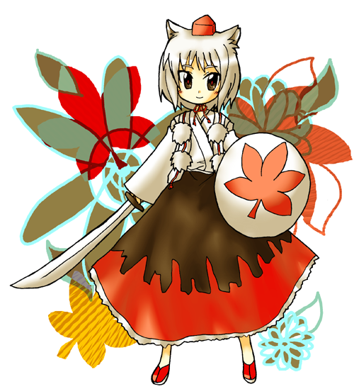 ngayope, inubashiri momiji, touhou, 1girl, female focus, hat, long skirt, shield, skirt, solo, sword, tokin hat, weapon, wolf ears