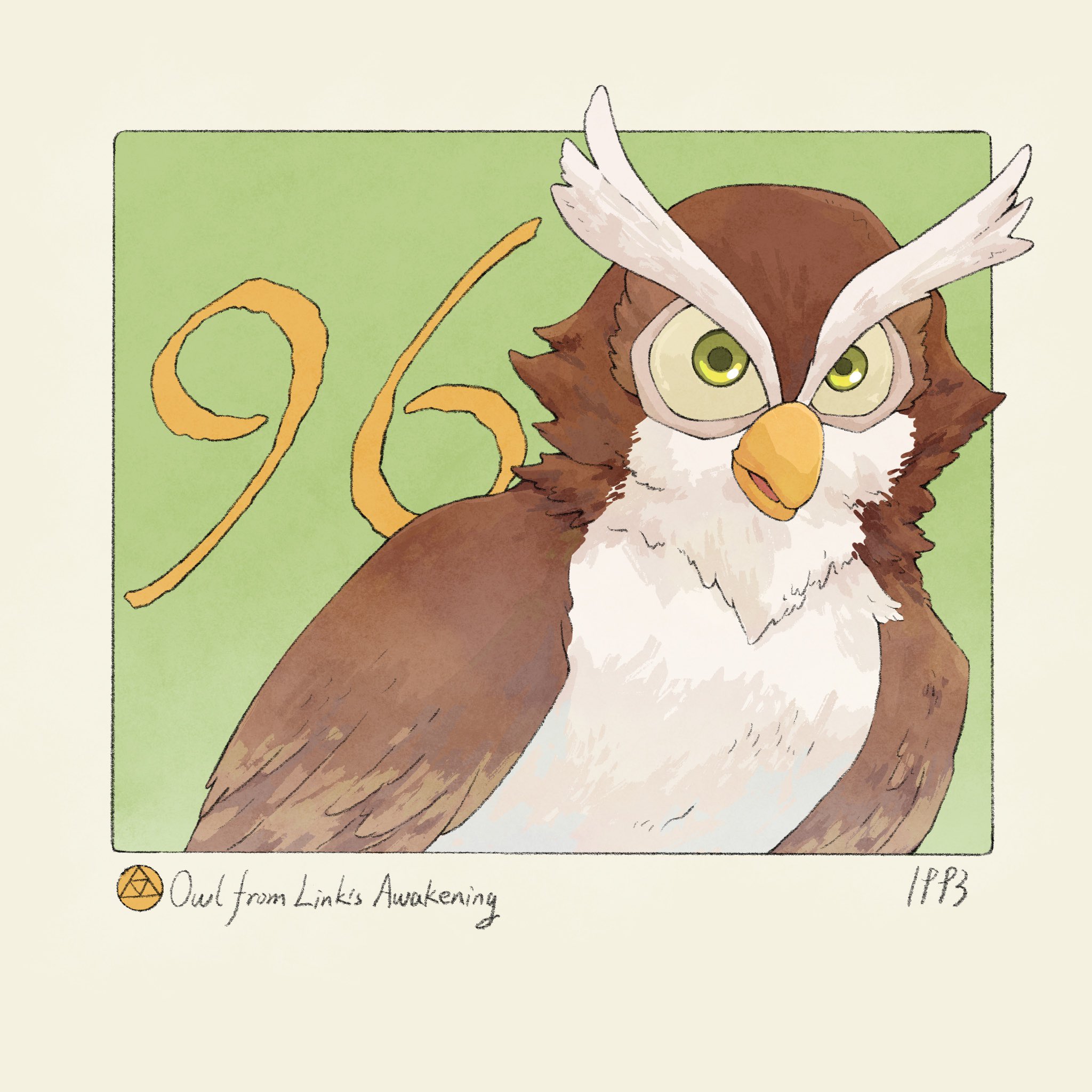 yangyaozigo, owl (link's awakening), nintendo, the legend of zelda, the legend of zelda: link's awakening, commentary, english commentary, highres, animal, bird, character name, copyright name, green background, looking at viewer, outside border, owl, signature