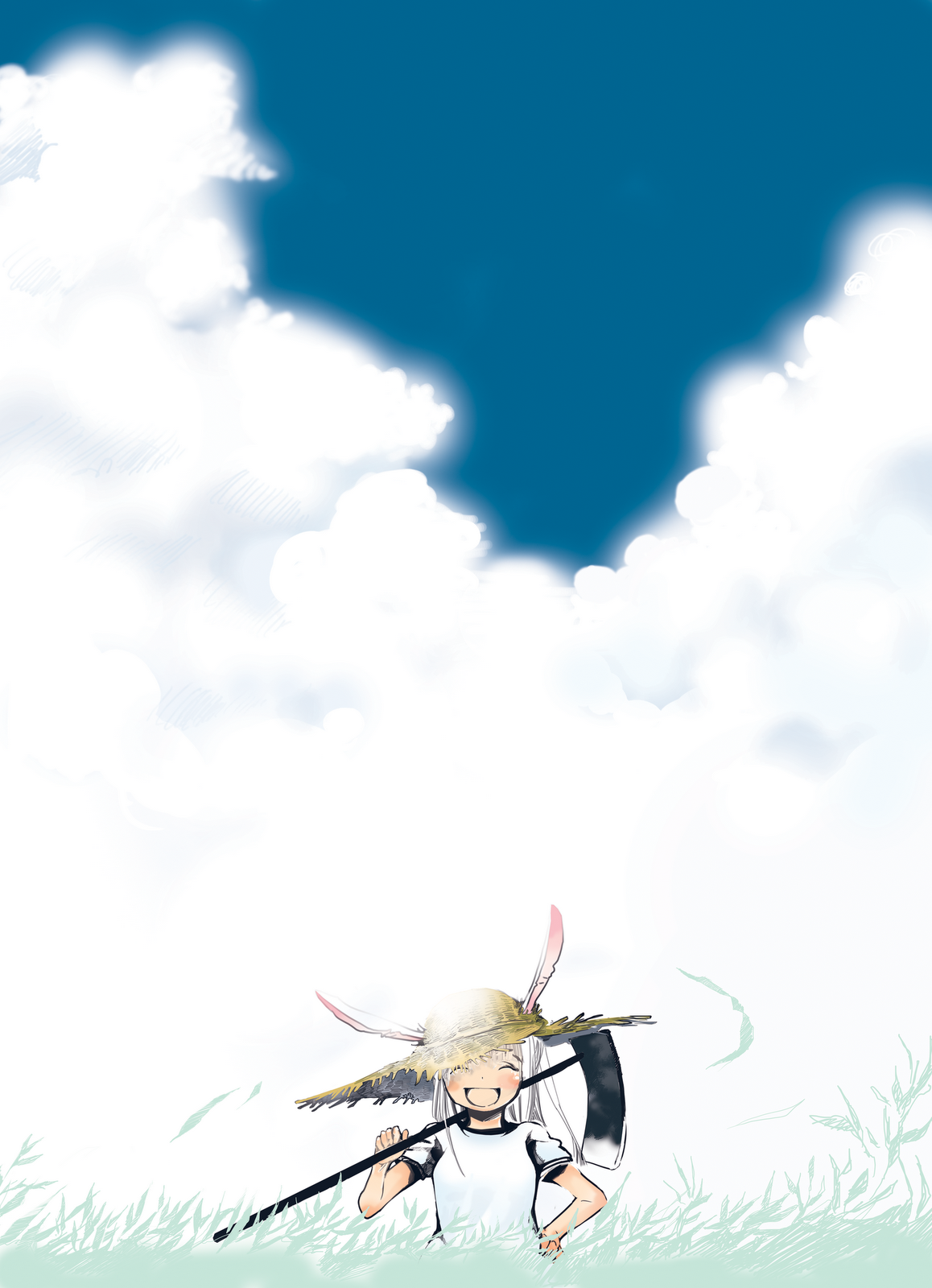 amidakuzu, sano sanoko, reisen udongein inaba, touhou, highres, 1girl, alternate costume, animal ears, blue sky, closed eyes, cloud, day, ears through headwear, female focus, hand on own hip, hat, hip focus, hoe, open mouth, rabbit ears, short sleeves, sky, smile, solo, straw hat, worktool