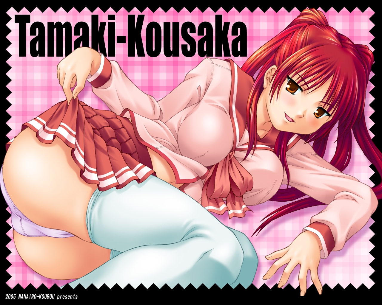 maatan, kousaka tamaki, to heart (series), to heart 2, 00s, blush, clothes lift, long hair, panties, pantyshot, red eyes, red hair, school uniform, serafuku, skirt, skirt lift, solo, thighhighs, underwear