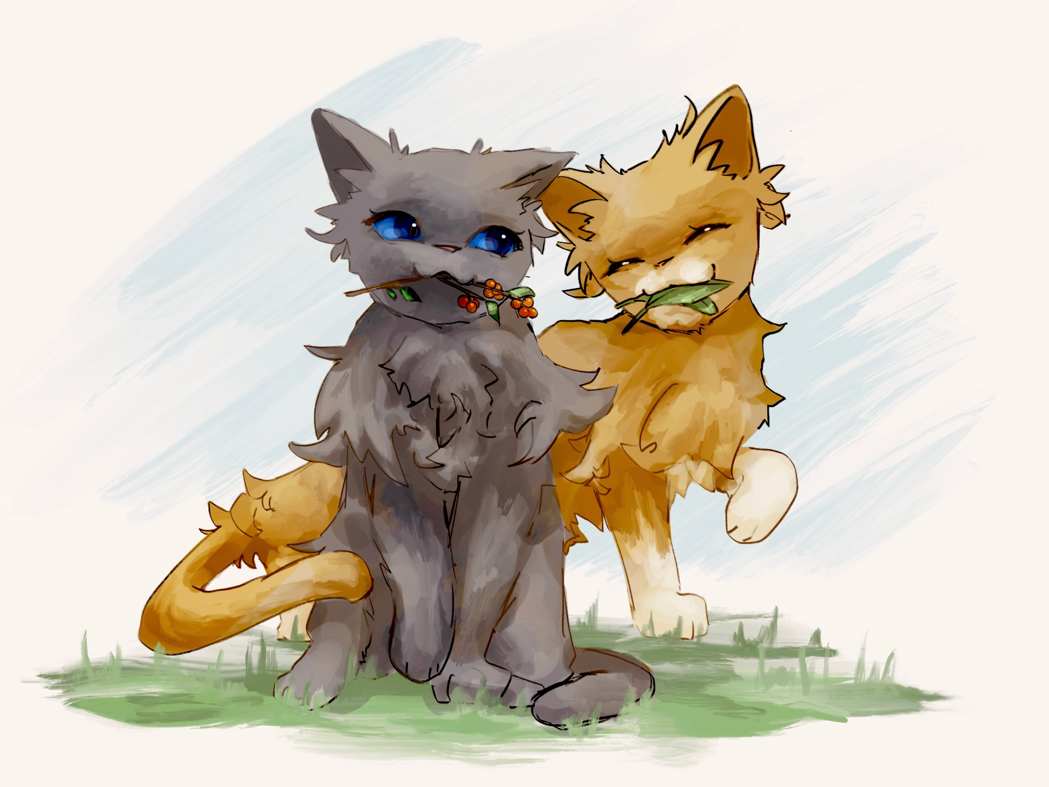 lantadorite, leafpool, the new prophecy, warrior cats, commentary, highres, animal, animal focus, berry, blue eyes, brown cat, cat, cinderpelt, closed eyes, grass, grey cat, leaf, looking at another, mouth hold, no humans, sitting