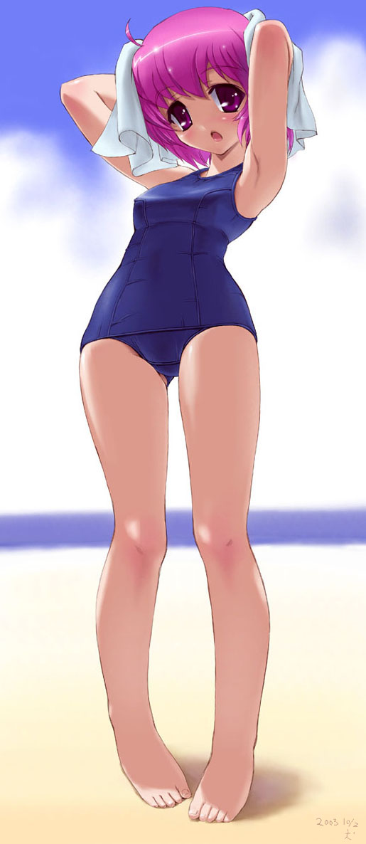 inu777, original, jpeg artifacts, 1girl, ahoge, armpits, arms behind head, barefoot, beach, feet, female focus, one-piece swimsuit, pigeon-toed, pink eyes, pink hair, school swimsuit, short hair, signature, solo, swimsuit, towel