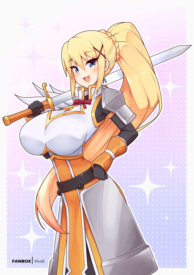 virus-g, darkness (konosuba), kono subarashii sekai ni shukufuku wo!, 1girl, :d, armor, armored dress, black gloves, blonde hair, blue eyes, blush, boobplate, breastplate, breasts, dress, feet out of frame, gloves, hair ornament, hand on own hip, holding, holding sword, holding weapon, large breasts, long hair, looking at viewer, open mouth, over shoulder, ponytail, shoulder armor, sidelocks, smile, solo, sword, sword over shoulder, very long hair, weapon, weapon over shoulder, x hair ornament