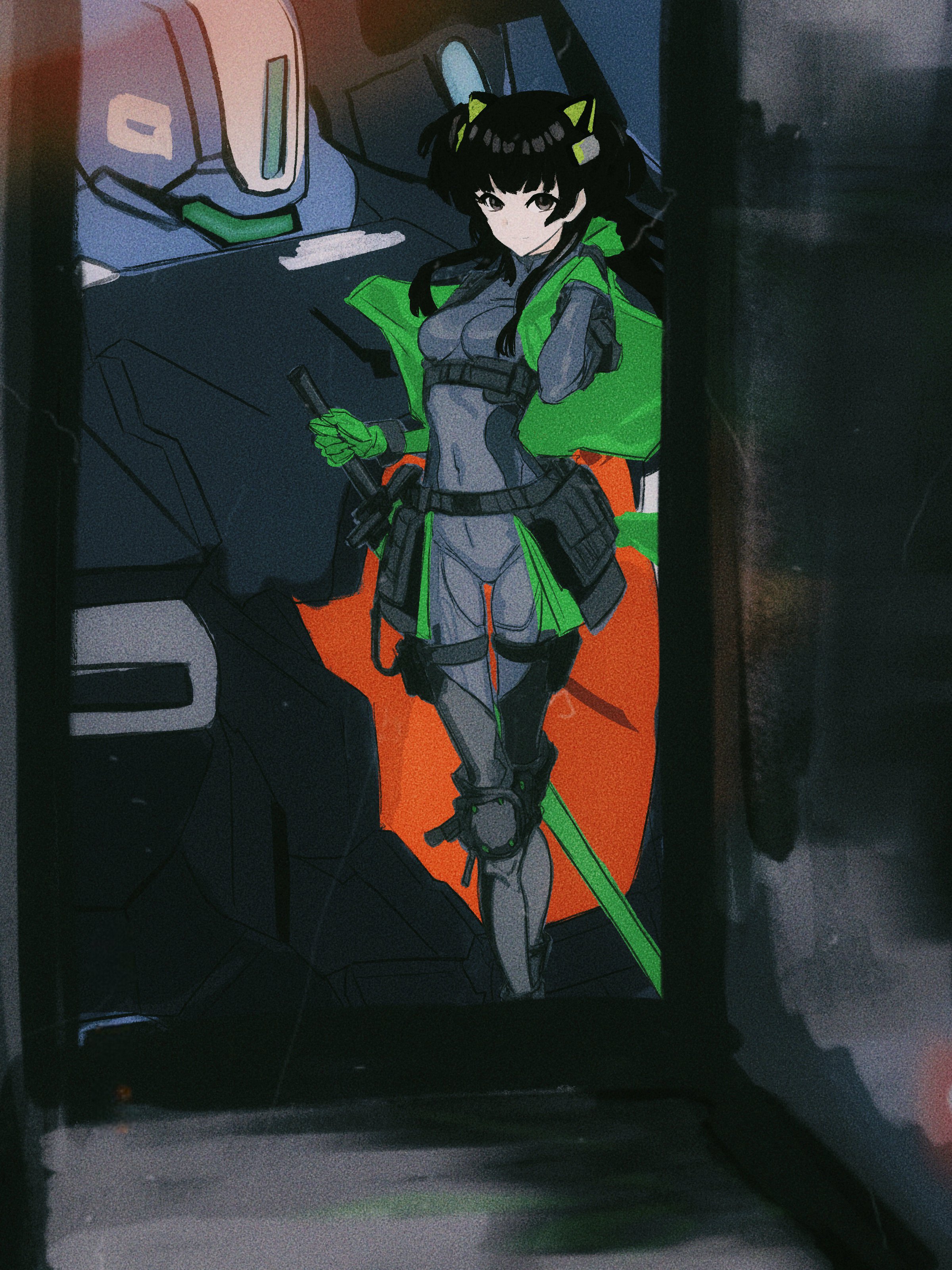 cobwvmeti, mayuzumi fuyuko, idolmaster, idolmaster shiny colors, absurdres, hashtag-only commentary, highres, 1girl, black eyes, black hair, breasts, closed mouth, covered navel, full body, gloves, green gloves, hairpods, hand up, long hair, mecha, mecha pilot suit, robot, solo, standing, sword, thigh gap, two side up, weapon