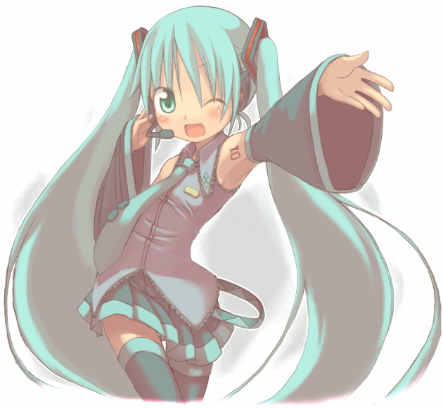kuro (kuroneko no kanzume), hatsune miku, vocaloid, armpits, headphones, long hair, microphone, skirt, solo, thighhighs, twintails, very long hair, zettai ryouiki