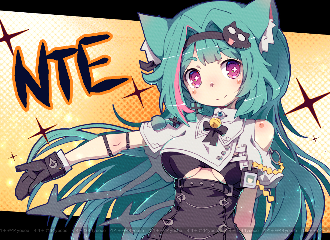 yoshi (crossmind), mint (neverness to everness), neverness to everness, 1girl, animal ear fluff, animal ears, bare shoulders, black gloves, blue hair, breasts, cat ears, cat tail, gloves, hair ornament, large breasts, long hair, looking at viewer, multicolored hair, pink eyes, red eyes, solo, streaked hair, tail, thighhighs, very long hair, white thighhighs