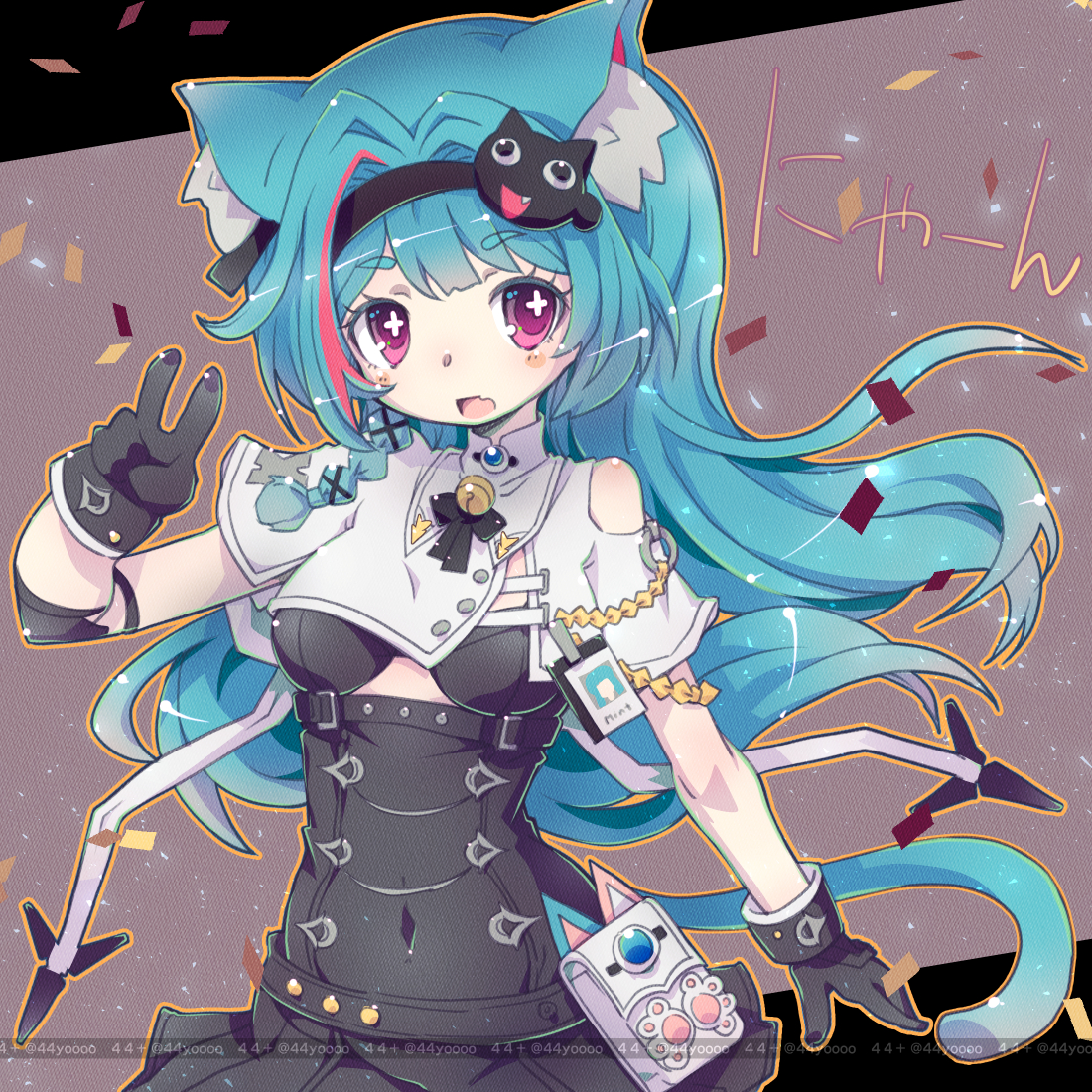 yoshi (crossmind), mint (neverness to everness), neverness to everness, 1girl, animal ear fluff, animal ears, bare shoulders, black gloves, blue hair, breasts, cat ears, cat tail, gloves, hair ornament, large breasts, long hair, looking at viewer, multicolored hair, pink eyes, red eyes, solo, streaked hair, tail, thighhighs, very long hair, white thighhighs