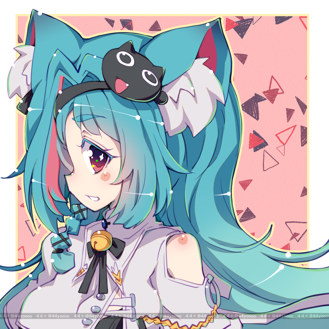 yoshi (crossmind), mint (neverness to everness), neverness to everness, 1girl, animal ear fluff, animal ears, bare shoulders, black gloves, blue hair, breasts, cat ears, cat tail, gloves, hair ornament, large breasts, long hair, looking at viewer, multicolored hair, pink eyes, red eyes, solo, streaked hair, tail, thighhighs, very long hair, white thighhighs
