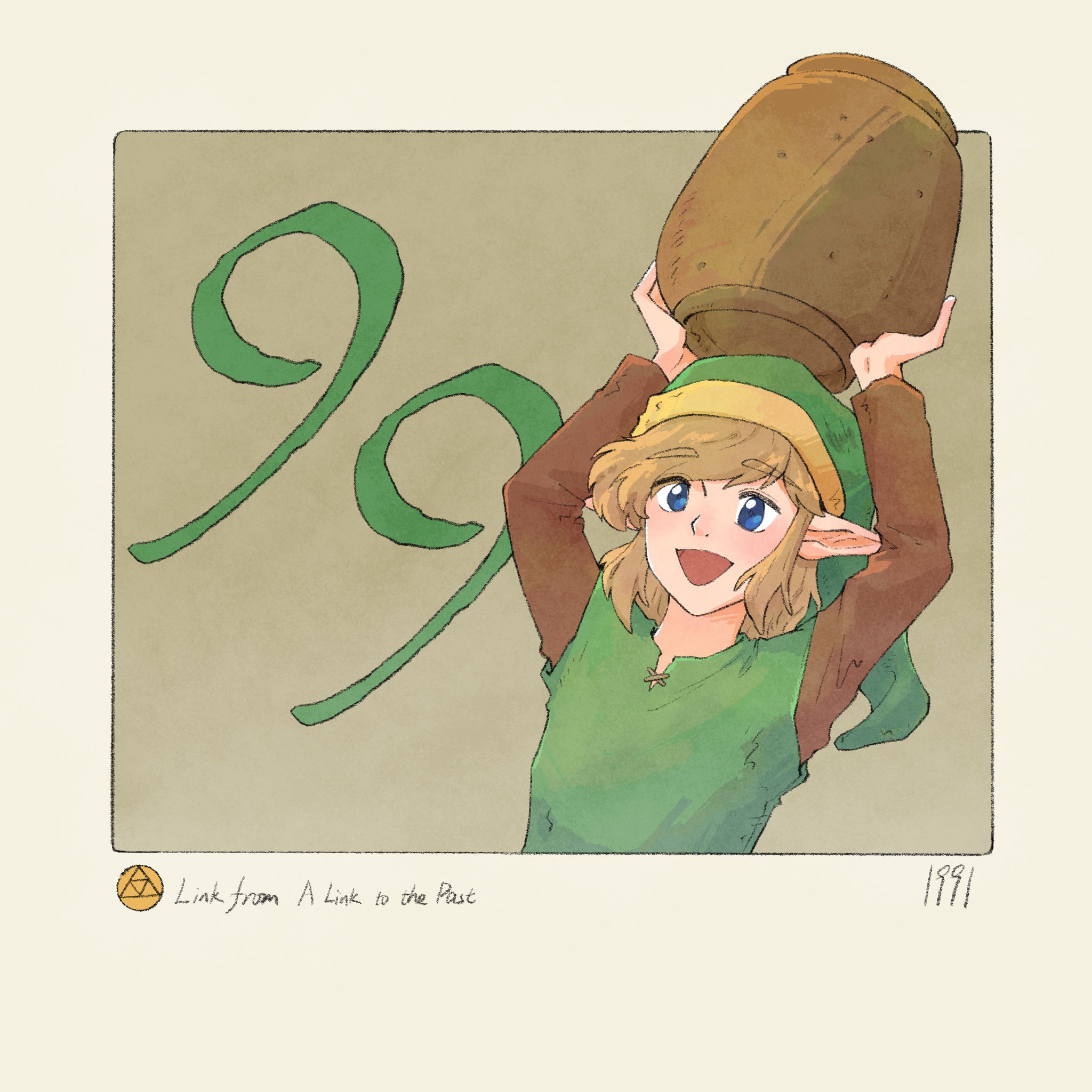 yangyaozigo, link, nintendo, the legend of zelda, the legend of zelda: a link to the past, commentary, english commentary, highres, 1boy, arms up, blue eyes, border, brown background, character name, copyright name, green hat, green tunic, hat, holding, male focus, open mouth, outside border, pointy ears, signature, solo, tunic