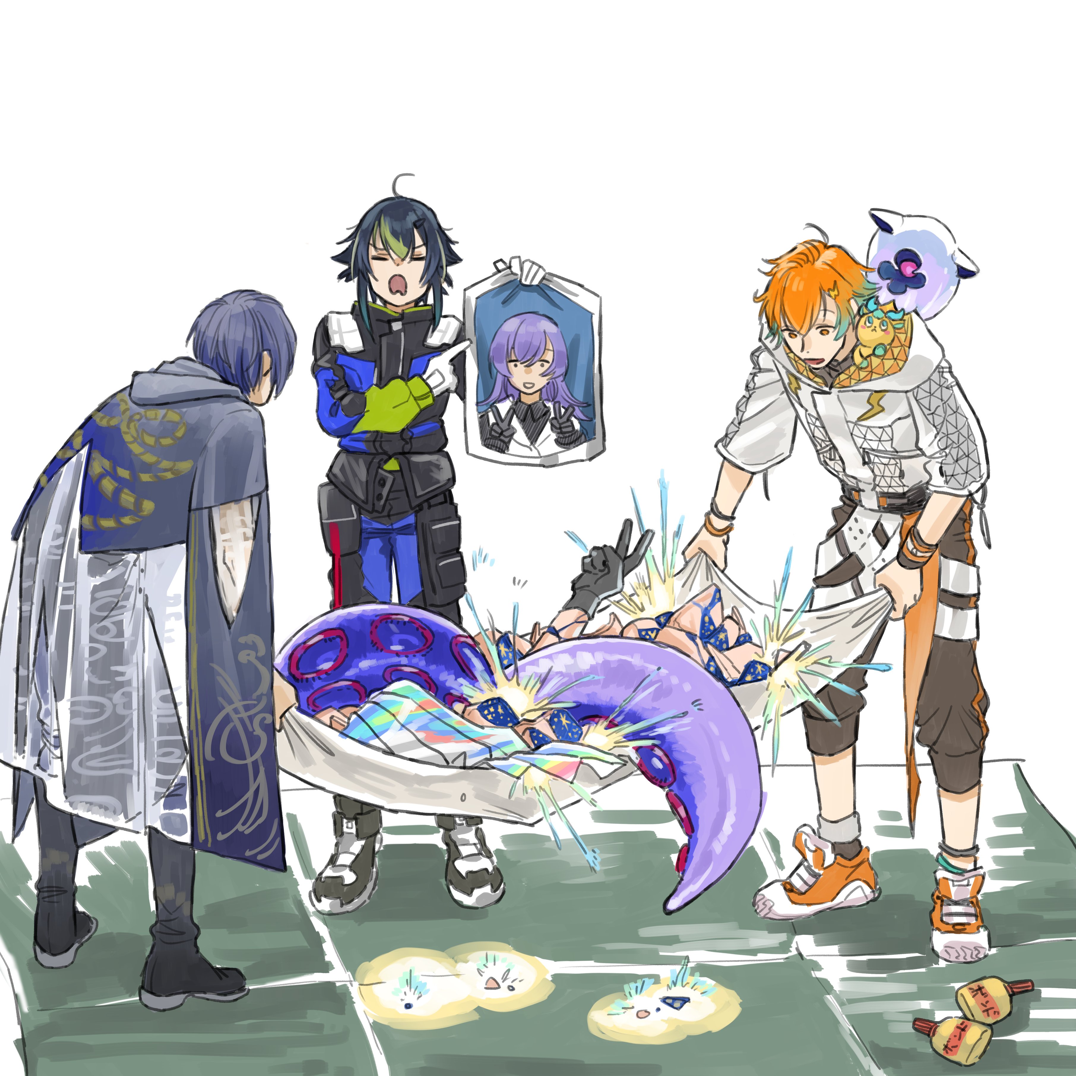 koze niire, hoshirube sho, hoshirube sho (1st costume), inami rai, inami rai (1st costume), koyanagi rou, koyanagi rou (1st costume), otomo (hoshirube sho), usami rito, usami rito (1st costume), nijisanji, absurdres, highres, 4boys, ahoge, aqua hair, black hair, black jacket, black pants, blue hair, bracelet, cape, cracked skin, gloves, glowing, holding, hood, hooded jacket, jacket, jewelry, male focus, multicolored hair, multiple boys, orange hair, pants, photo (object), purple hair, shoes, short hair, simple background, sneakers, tentacle hair, two-tone hair, v, virtual youtuber, white background, white jacket