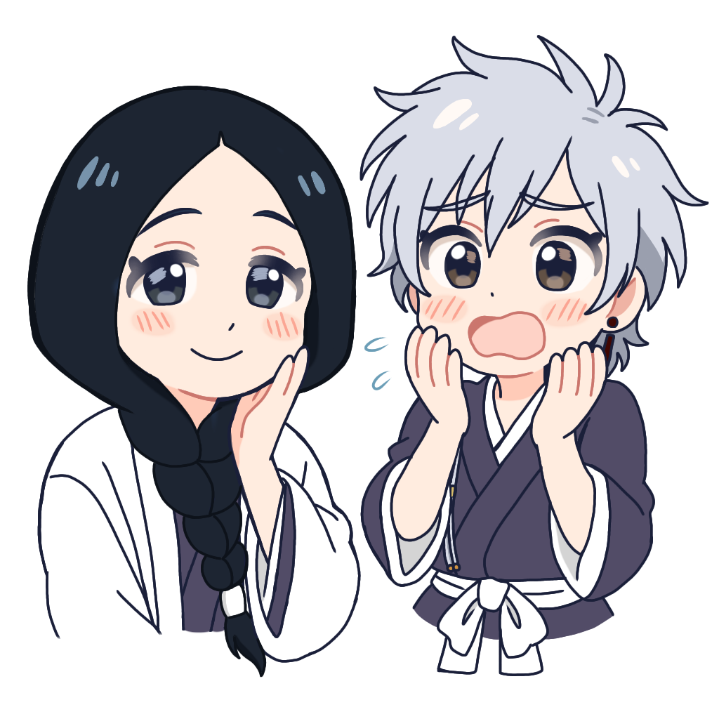 b eaka, kotetsu isane, unohana retsu, bleach, commentary, 2girls, black eyes, black kimono, blush, blush stickers, braid, brown eyes, chibi, chibi only, closed mouth, cropped legs, earrings, flying sweatdrops, forehead, furrowed brow, grey hair, hair between eyes, hand on own cheek, hand on own face, hand up, hands up, haori, japanese clothes, jewelry, kimono, long hair, long sleeves, looking at viewer, multiple girls, obi, open mouth, panicking, parted bangs, sash, short hair, simple background, single braid, smile, spiked hair, taichou haori, tareme, upper body, wavy mouth, white background, white sash, wide sleeves