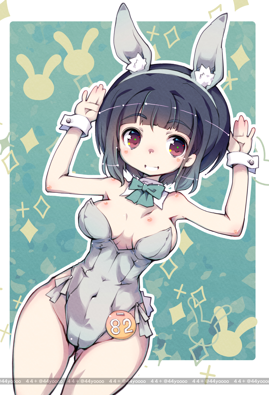 yoshi (crossmind), original, highres, 1girl, animal ears, bare shoulders, bob cut, breasts, detached collar, fake animal ears, fake tail, fishnet pantyhose, fishnets, highleg, highleg leotard, hime cut, large breasts, leotard, looking at viewer, pantyhose, playboy bunny, rabbit ears, short hair, solo, straight hair, strapless, strapless leotard, tail, wrist cuffs