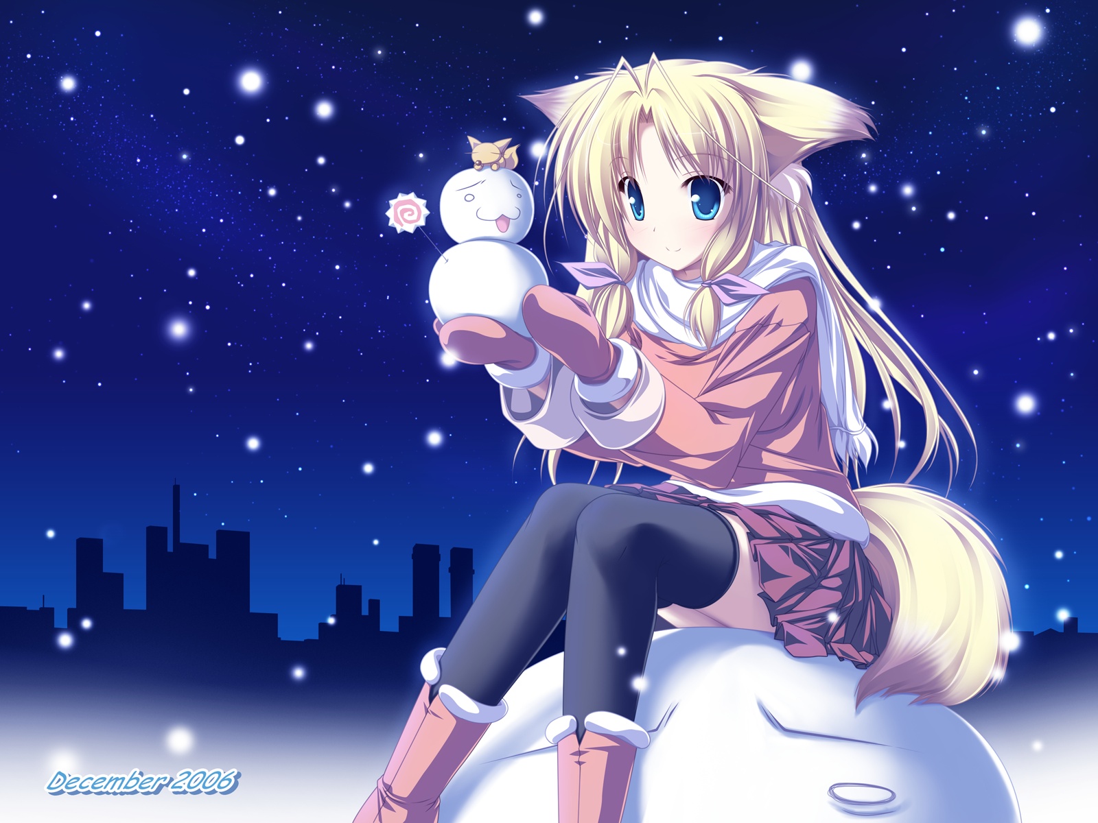 tenmaso, kamishiro mutsuki, inakoi, highres, 1girl, animal ears, antenna hair, black thighhighs, female focus, fox, fox ears, fox tail, parted bangs, skirt, snowing, snowman, solo, tail, thighhighs, zettai ryouiki