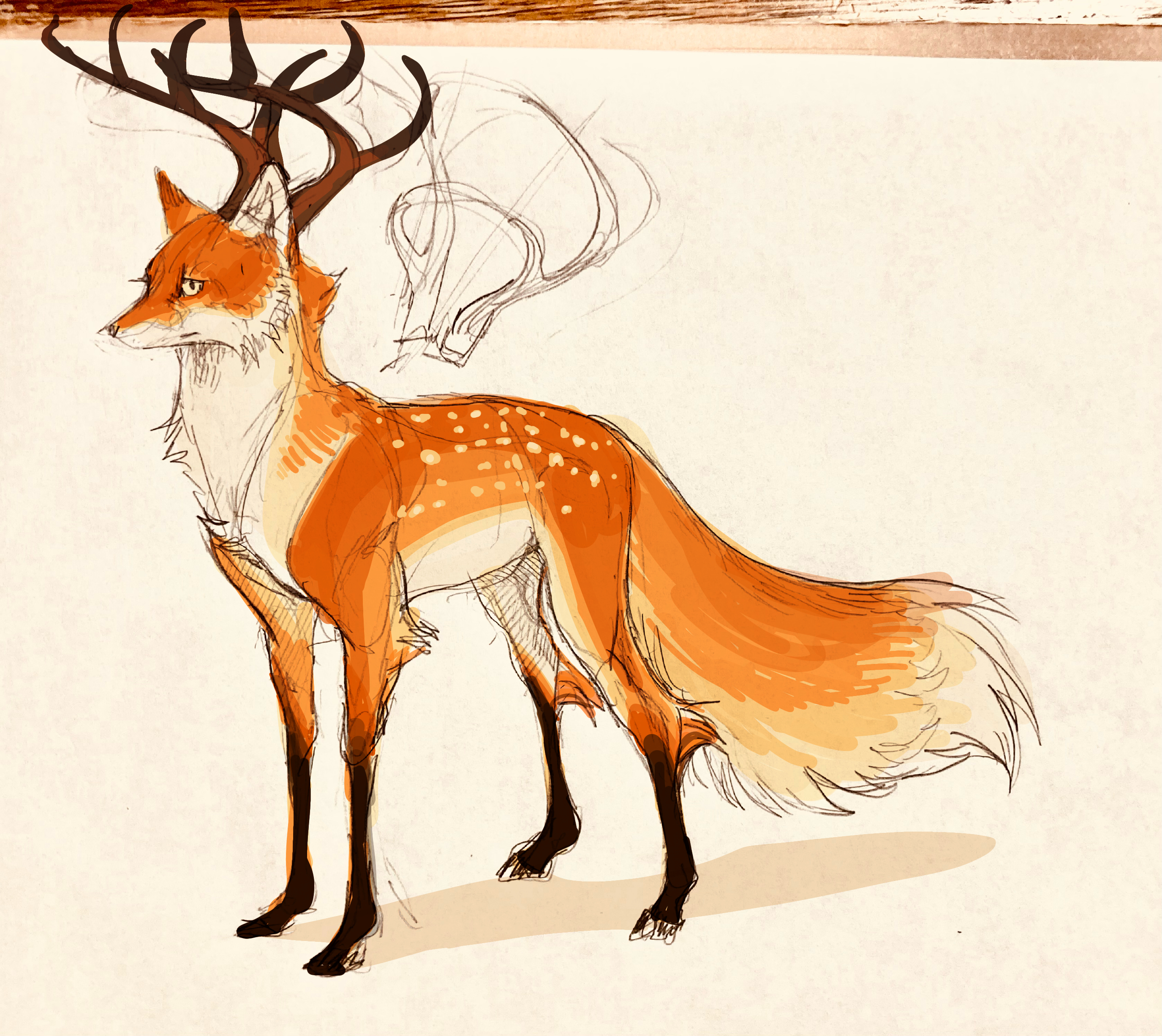 phyllosta tiyo, original, absurdres, commentary, highres, animal, animal focus, antlers, fox, full body, horns, no humans, orange fur, sketch, solo, spotted fur, standing