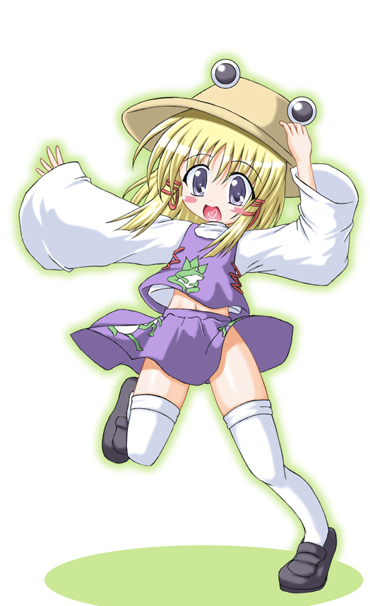 inasaki shirau, moriya suwako, touhou, 1girl, female focus, full body, hat, navel, skirt, solo, thighhighs, white background