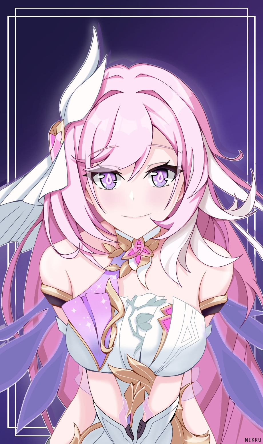 m1kku 76, elysia (herrscher of human: ego) (honkai impact), elysia (honkai impact), honkai (series), honkai impact 3rd, commentary, english commentary, highres, 1girl, artist name, bare shoulders, breasts, corset, diamond-shaped pupils, diamond (shape), hair ornament, large breasts, long hair, looking at viewer, multicolored hair, pink hair, purple background, purple eyes, smile, solo, symbol-shaped pupils, triquetra, two-tone hair, very long hair, white corset, white hair