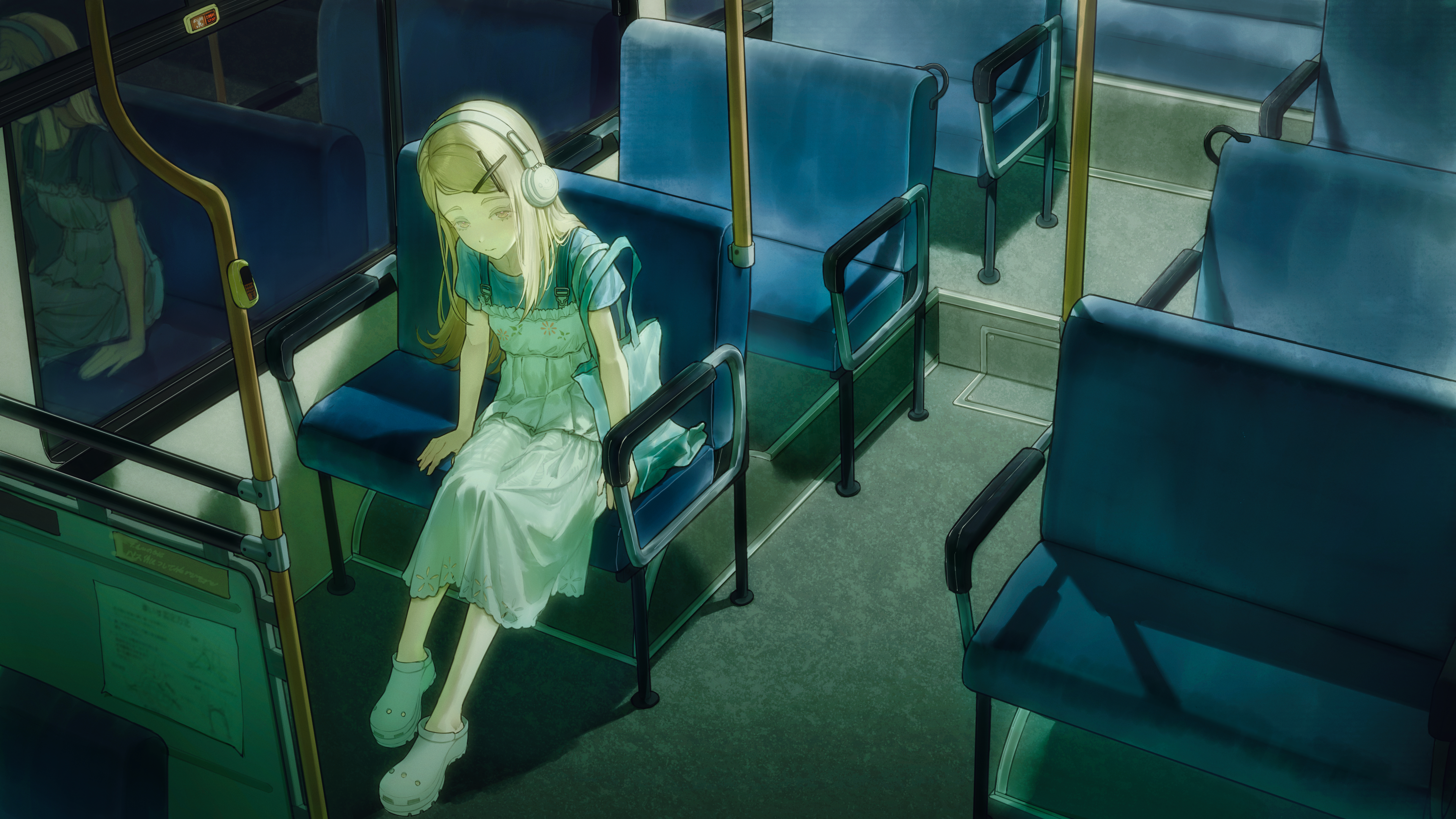 crane666, shinosawa hiro, gakuen idolmaster, idolmaster, absurdres, commentary request, highres, 1girl, arm support, bag, blonde hair, blue bag, blue shirt, bus, bus interior, chair, closed mouth, colored eyelashes, contrast (idolmaster), crocs, dress, flipped hair, floral print, floral print dress, from above, full body, hair ornament, hairclip, hand grip, headphones, holding, holding bag, long hair, looking at viewer, motor vehicle, night, on chair, orange eyes, pinafore dress, print dress, reflection, shirt, shoes, short sleeves, sitting, sleeveless, sleeveless dress, smile, solo, swept bangs, tote bag, very long hair, white dress, white shoes, window, x hair ornament
