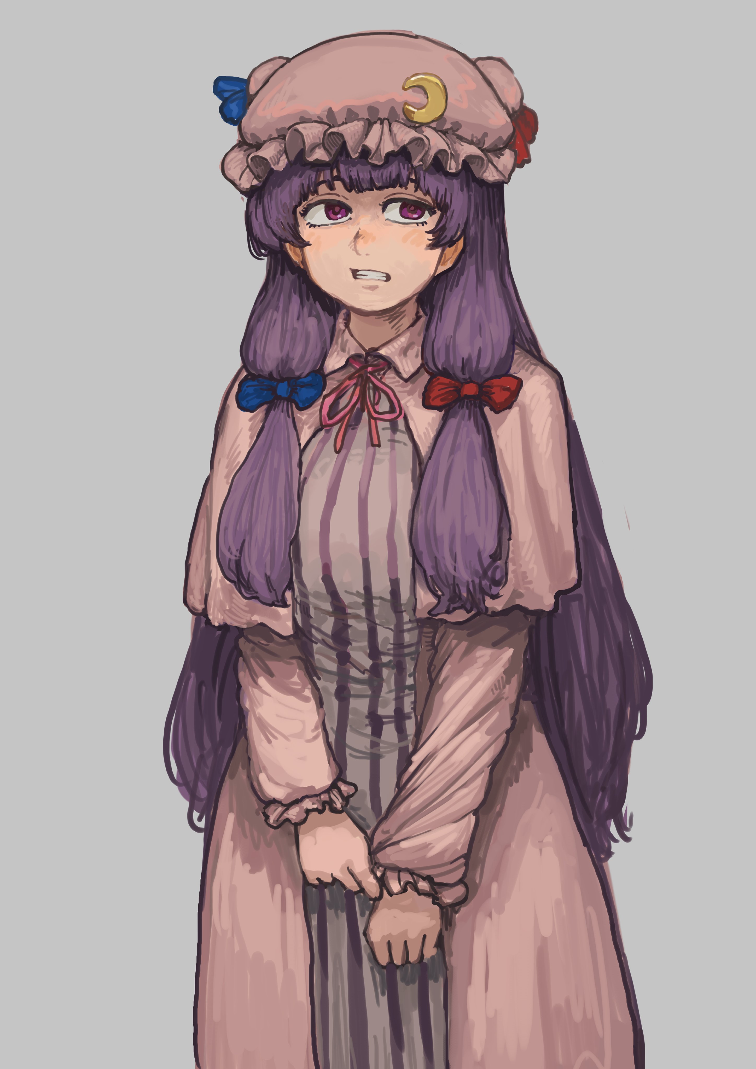 chanta (ayatakaoisii), patchouli knowledge, touhou, absurdres, highres, 1girl, blue bow, blunt bangs, bow, breasts, capelet, clenched teeth, collared robe, cowboy shot, crescent, crescent hat ornament, crescent pin, dress, frilled sleeves, frills, grey background, grin, hair bow, hat, hat ornament, large breasts, long dress, long hair, long sleeves, mob cap, neck ribbon, pink capelet, pink dress, pink ribbon, pink robe, pulling own clothes, purple dress, purple eyes, purple hair, red bow, ribbon, robe, simple background, smile, solo, standing, striped clothes, striped dress, teeth, vertical-striped clothes, vertical-striped dress, very long hair, white dress