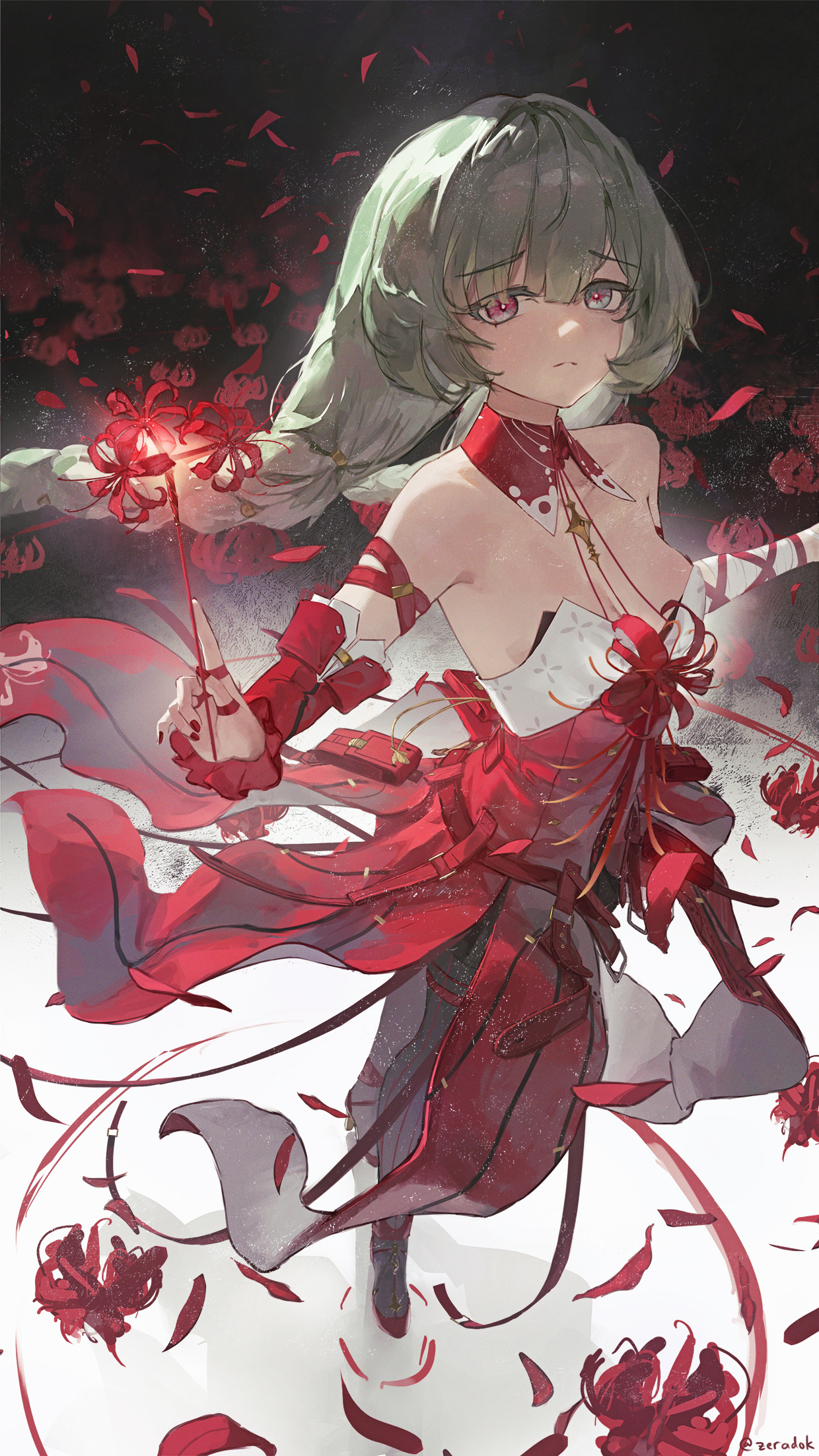 zeradok, phrolova (wuthering waves), wuthering waves, commentary, highres, 1girl, bandaged arm, bandages, bare shoulders, black pantyhose, braid, breasts, closed mouth, detached sleeves, dress, flower, full body, grey eyes, grey hair, halter dress, halterneck, heterochromia, holding, holding flower, long hair, looking at viewer, low twin braids, medium breasts, nail polish, pantyhose, red dress, red eyes, red nails, red petals, red shoes, shoes, single detached sleeve, solo, spider lily, standing, twin braids, twitter username