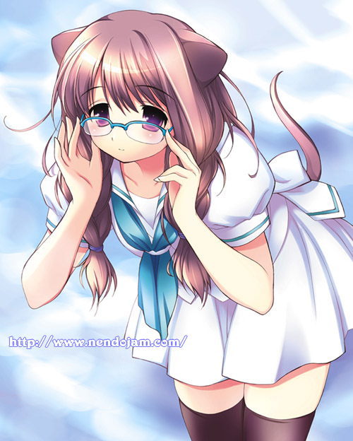 lugosi ela, animal ears, braid, cat ears, glasses, school uniform, serafuku, solo, thighhighs, twin braids