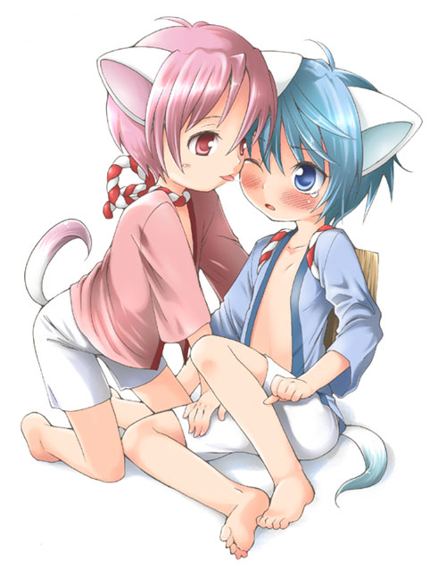 artist request, copyright request, 1boy, 1girl, animal ears, blue eyes, blue hair, blush, cat ears, cat tail, hetero, licking, loli, open clothes, open shirt, pink eyes, pink hair, shirt, shorts, shota, simple background, tail, white background