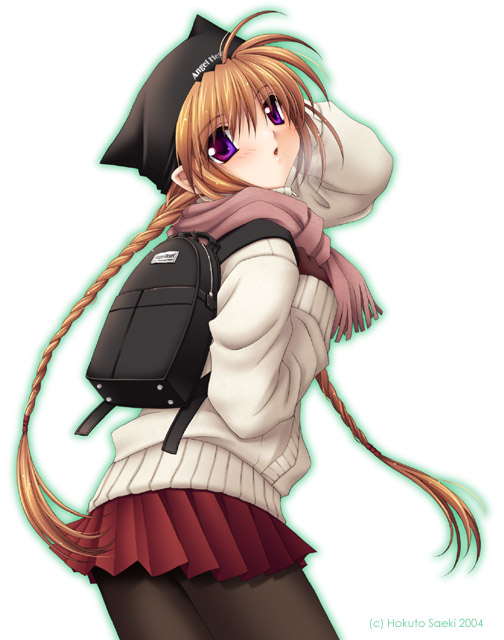 saeki hokuto, backpack, bag, blue eyes, braid, hat, pantyhose, randoseru, scarf, solo, twin braids
