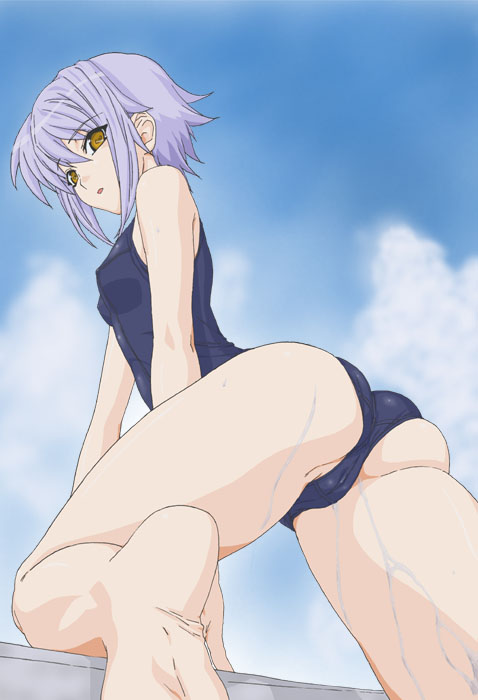 okiyumi kase, nagato yuki, suzumiya haruhi no yuuutsu, 00s, ass, barefoot, blue hair, feet, foreshortening, one-piece swimsuit, short hair, solo, swimsuit