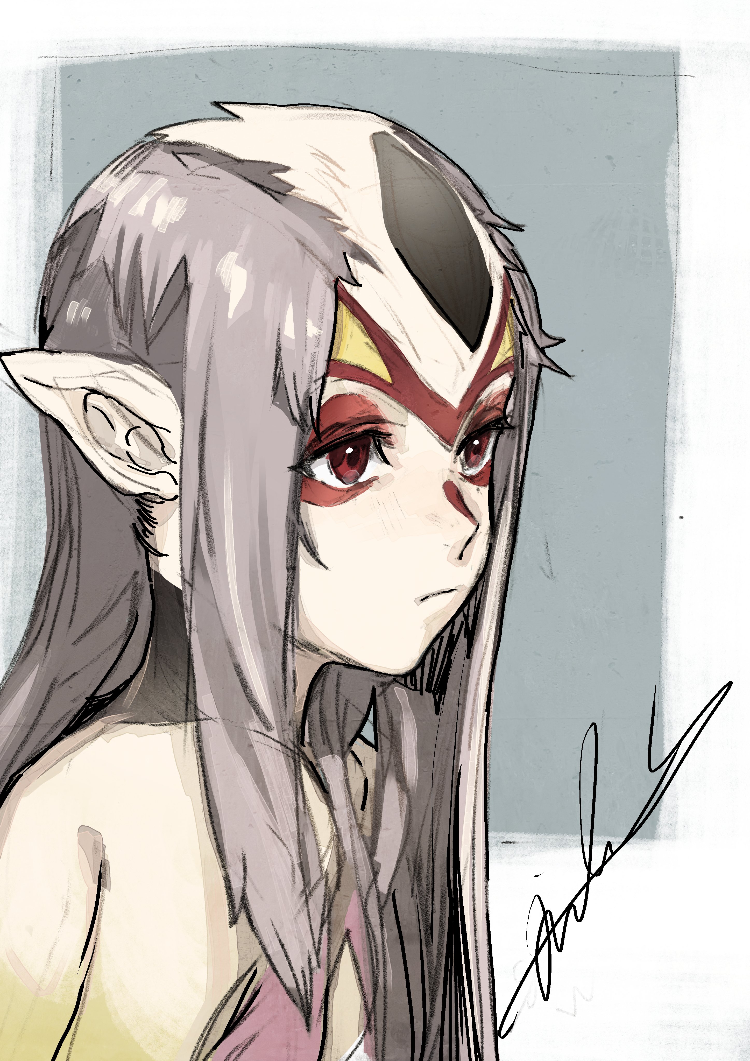 hiranko, mutio, ao no roku-gou, absurdres, highres, colored skin, facial mark, fish girl, grey hair, long hair, monster girl, multicolored hair, multicolored skin, petite, pink frills, pointy ears, red eyes, white hair, white skin, yellow skin