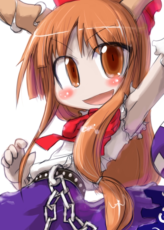 tao, tao (kadoya), ibuki suika, touhou, 1girl, armpits, belt, blush, bow, chain, female focus, hair bow, horns, looking at viewer, open mouth, orange eyes, orange hair, outstretched arm, purple skirt, red bow, simple background, skirt, solo, white background, wrist cuffs