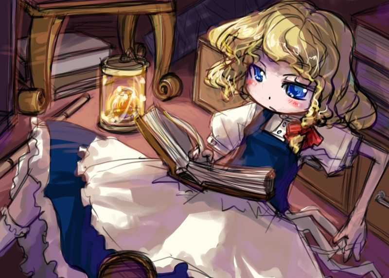 tao, tao (kadoya), kirisame marisa, touhou, 1girl, apron, blonde hair, blue eyes, bobby socks, book, book stack, bow, braid, breasts, chair, female focus, hair bow, indoors, lantern, open book, puffy short sleeves, puffy sleeves, reading, red bow, short sleeves, single braid, sitting, sketch, skirt, small breasts, socks, solo, vest, white socks