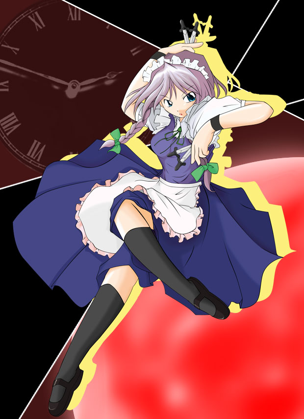 nanaume (shichimi tougarashi), izayoi sakuya, touhou, silver hair, 1girl, black shoes, braid, female focus, shoes, short hair, solo, twin braids