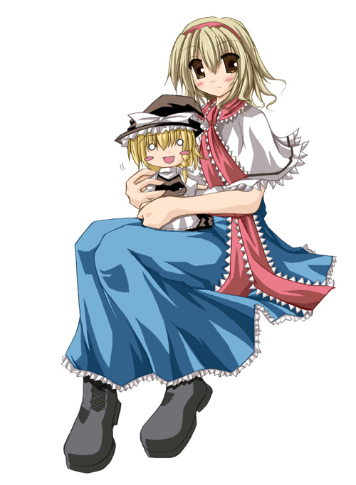 sawaki saki, alice margatroid, kirisame marisa, touhou, 2girls, black eyes, blonde hair, blush, blush stickers, chibi, female focus, hairband, hat, mini person, minigirl, multiple girls, o o, witch, witch hat