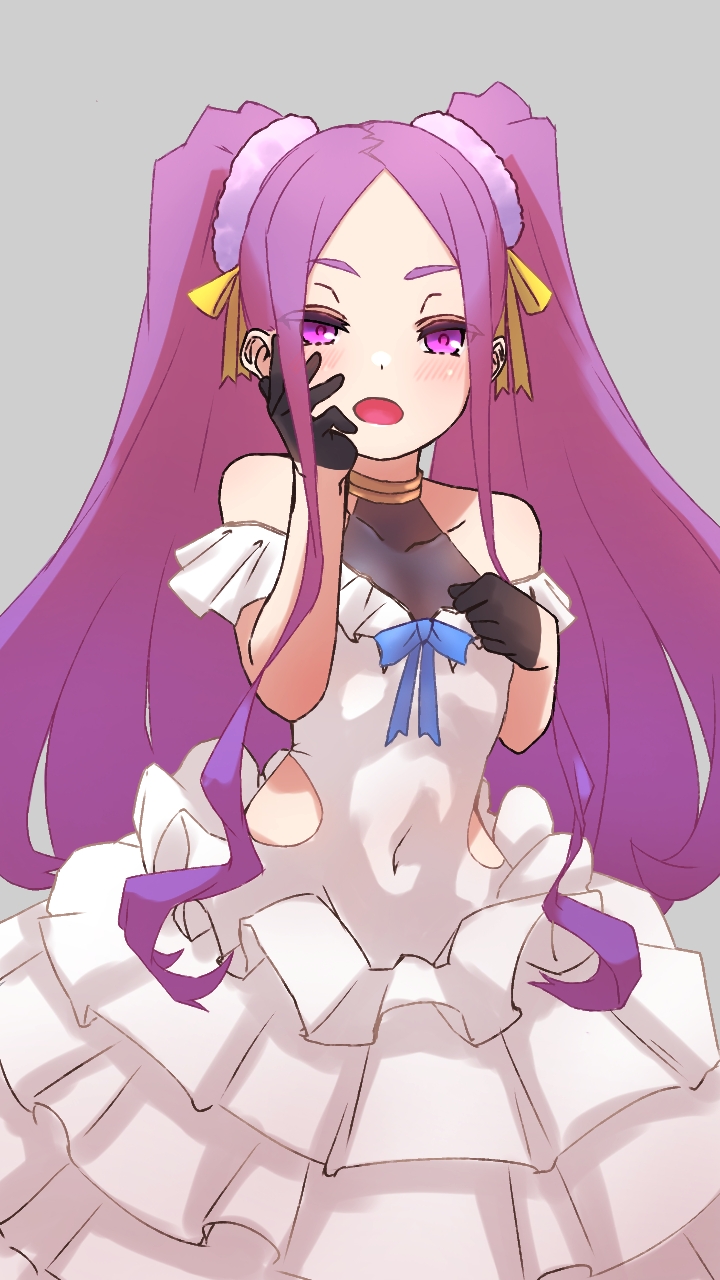 niwaikanai, wu zetian (fate), fate/grand order, fate (series), highres, 1girl, bare shoulders, black gloves, blush, breasts, covered navel, dress, forehead, gloves, hair ribbon, half gloves, jewelry, long hair, looking at viewer, neck ring, parted bangs, purple eyes, purple hair, ribbon, sidelocks, small breasts, solo, twintails, white dress