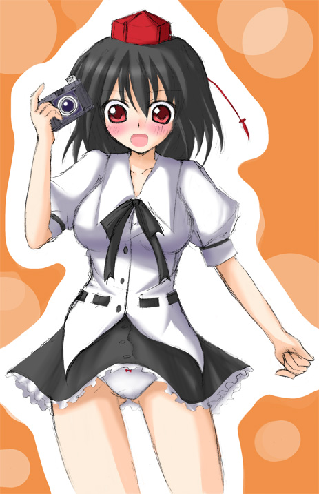 hassaku karin, ya-nyaa, shameimaru aya, touhou, 1girl, :d, belt, black hair, black skirt, blush, camera, contrapposto, cowboy shot, embarrassed, female focus, full-face blush, hat, holding, looking at viewer, open mouth, puffy short sleeves, puffy sleeves, red eyes, shirt, short sleeves, skirt, smile, solo, standing, tokin hat, white shirt, wind, wind lift