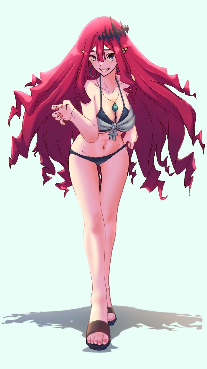 niwaikanai, baobhan sith (fate), fate/grand order, fate (series), highres, 1girl, bare shoulders, bikini, black bikini, blush, breasts, cleavage, collarbone, earrings, full body, grey eyes, grin, hoop earrings, jewelry, large breasts, long hair, looking at viewer, multicolored bikini, navel, necklace, pendant, pointy ears, red hair, sandals, sidelocks, smile, solo, swimsuit, tiara, two-tone bikini, white bikini