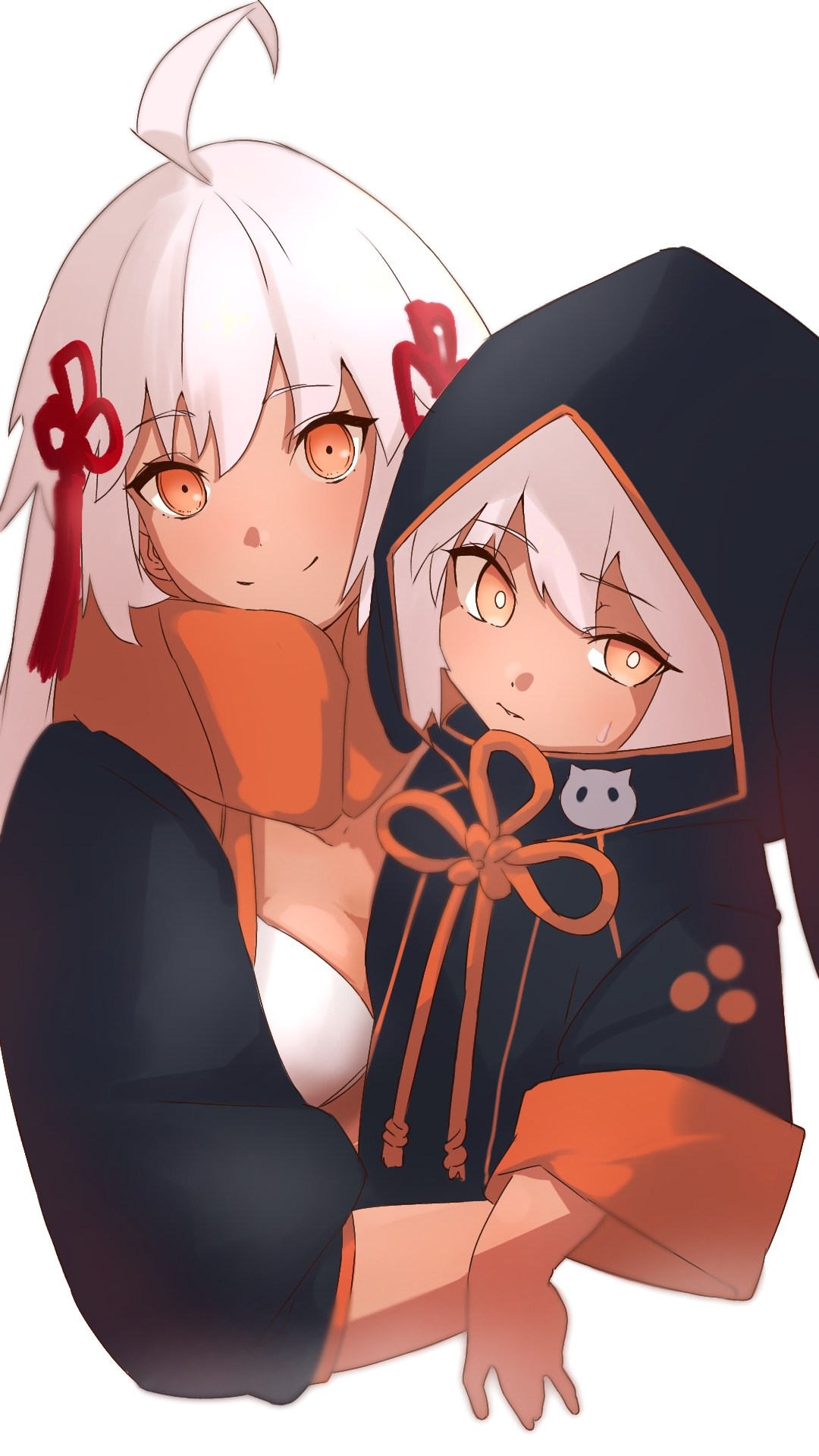 niwaikanai, okita souji (fate), okita souji alter (swimsuit saber) (fate), okita souji alter (swimsuit saber) (first ascension) (fate), rengoku (fate), rengoku (first ascension) (fate), fate/grand order, fate (series), highres, 2girls, ahoge, bikini, black jacket, black shrug, blush, breasts, dark-skinned female, dark skin, grey eyes, hood, hooded jacket, jacket, long hair, long sleeves, looking at viewer, medium breasts, multiple girls, orange scarf, scarf, short hair, shrug (clothing), small breasts, smile, swimsuit, tassel, white bikini, white hair