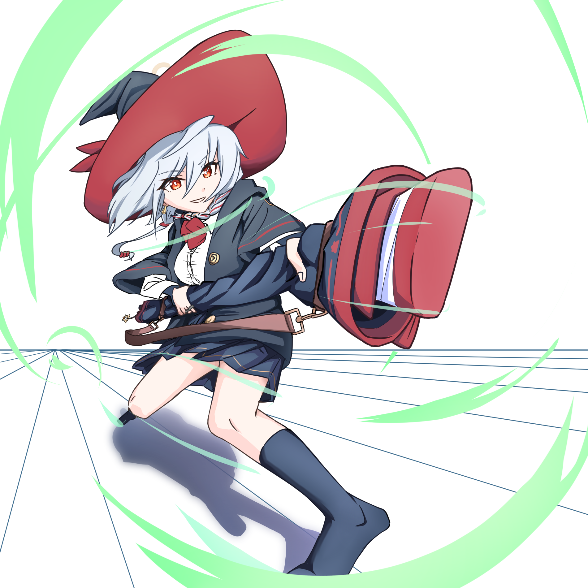 eri (blue archive), blue archive, ankle socks, bow, bowtie, braid, earrings, gun, halo, hat, holding, holding gun, holding weapon, jacket, jewelry, long coat, long hair, orange eyes, ring, shirt, skirt, socks, sweater, thrust lines, weapon, white hair, wind, witch hat