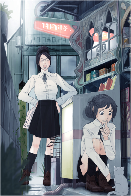 teikoku shounen, original, cat, hiding, rain, school uniform, serafuku