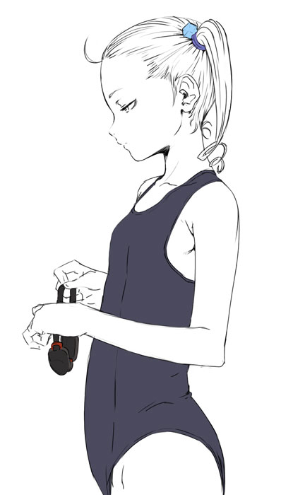 chyko, original, 1girl, ahoge, female focus, from side, monochrome, one-piece swimsuit, profile, school swimsuit, short twintails, solo, spot color, swimsuit, twintails