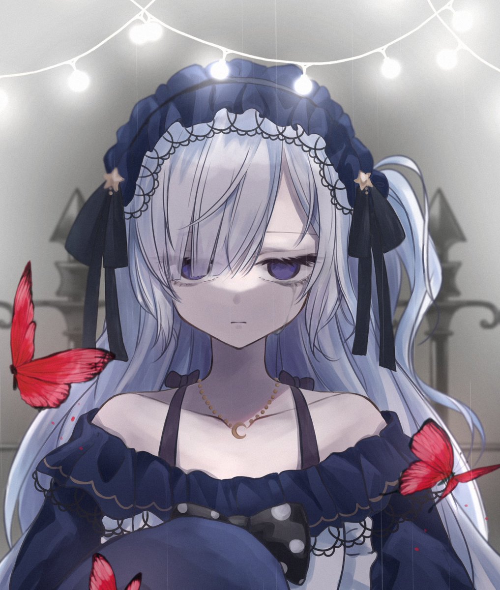 natsume anan, mahou shoujo no majo saiban, commentary request, highres, 1girl, bare shoulders, black ribbon, bow, bug, butterfly, closed mouth, crescent, crescent necklace, crying, crying with eyes open, empty eyes, fence, gothic lolita, grey background, hair over one eye, hair ribbon, hairband, insect, jewelry, lolita fashion, lolita hairband, long hair, looking at viewer, magical girl, necklace, polka dot, polka dot bow, potaro (po taro3), purple eyes, red butterfly, ribbon, solo, star (symbol), streaming tears, tears, upper body