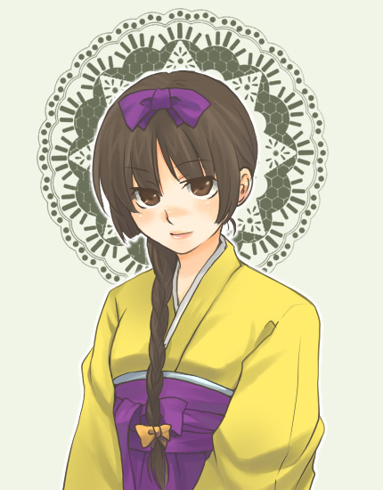 shimazu yoshino, maria-sama ga miteru, beige background, 00s, 1girl, blunt bangs, blush, braid, brown eyes, brown hair, closed mouth, expressionless, female focus, hakama, hakama skirt, japanese clothes, kimono, lips, looking at viewer, sash, simple background, skirt, solo, upper body