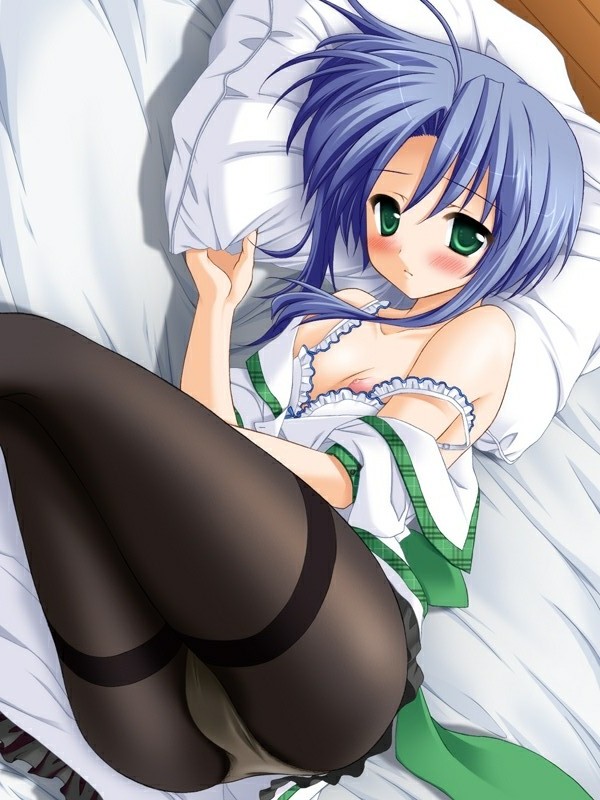 izumi tsubasu, ryouka (suzuya), fujimiya sui, aozora no mieru oka, game cg, 1girl, ass, bed, blue hair, blush, bra, bra pull, breasts, clothes pull, female focus, green eyes, lingerie, lying, nipple slip, nipples, panties, panties under pantyhose, pantyhose, pillow, small breasts, solo, thighband pantyhose, underwear, white bra, white panties