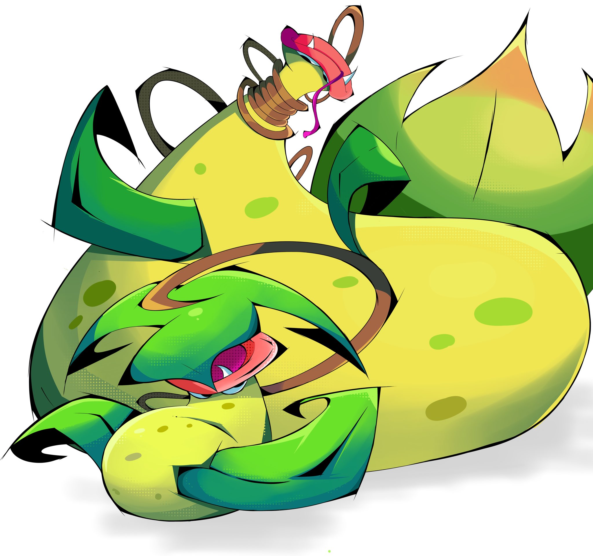 nerdula, mega victreebel, victreebel, nintendo, pokemon, commentary, english commentary, highres, closed mouth, colored skin, fangs, full body, gen 1 pokemon, leaf, looking at another, looking to the side, mega pokemon, no humans, plant, pokemon (creature), simple background, spotted skin, vines, white background, yellow skin